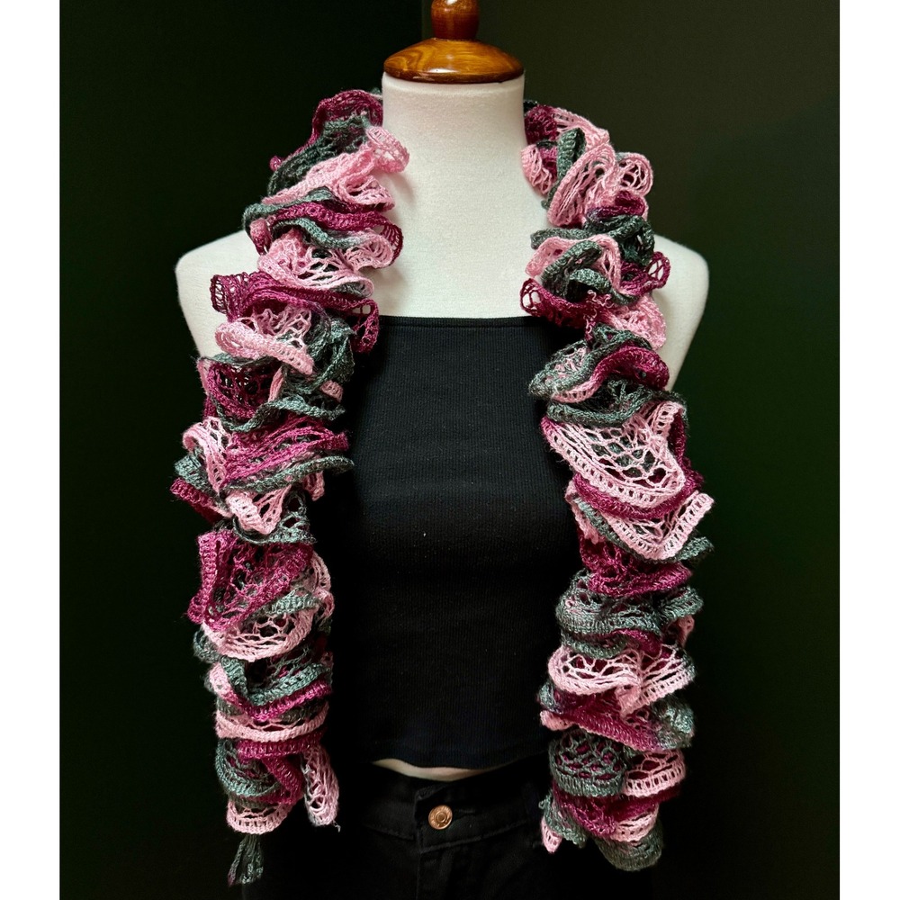 Ruffled Pink & Gray Crochet Knit Scarf
